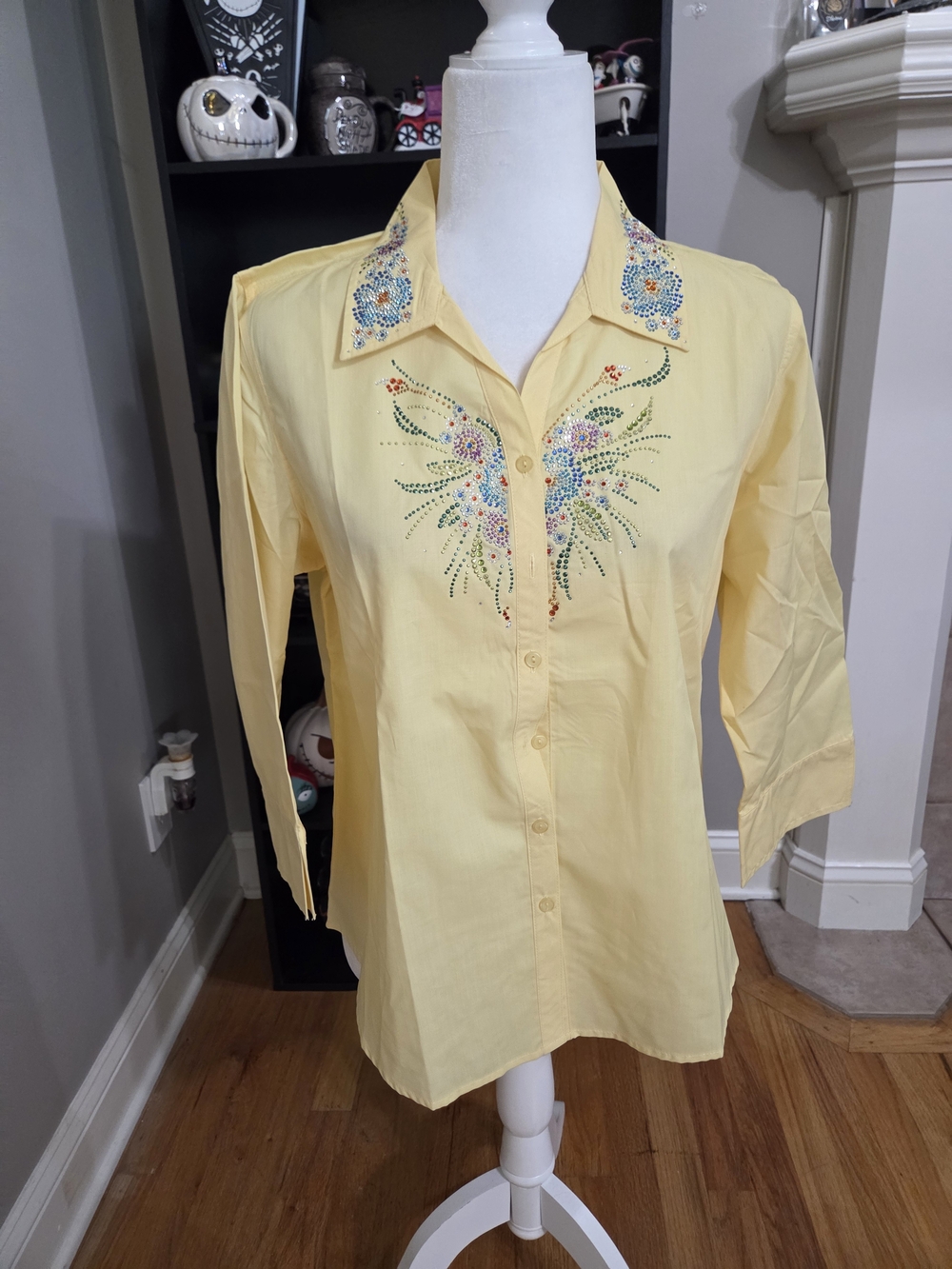 Yellow Embellished Button-Down Shirt with Floral Detail